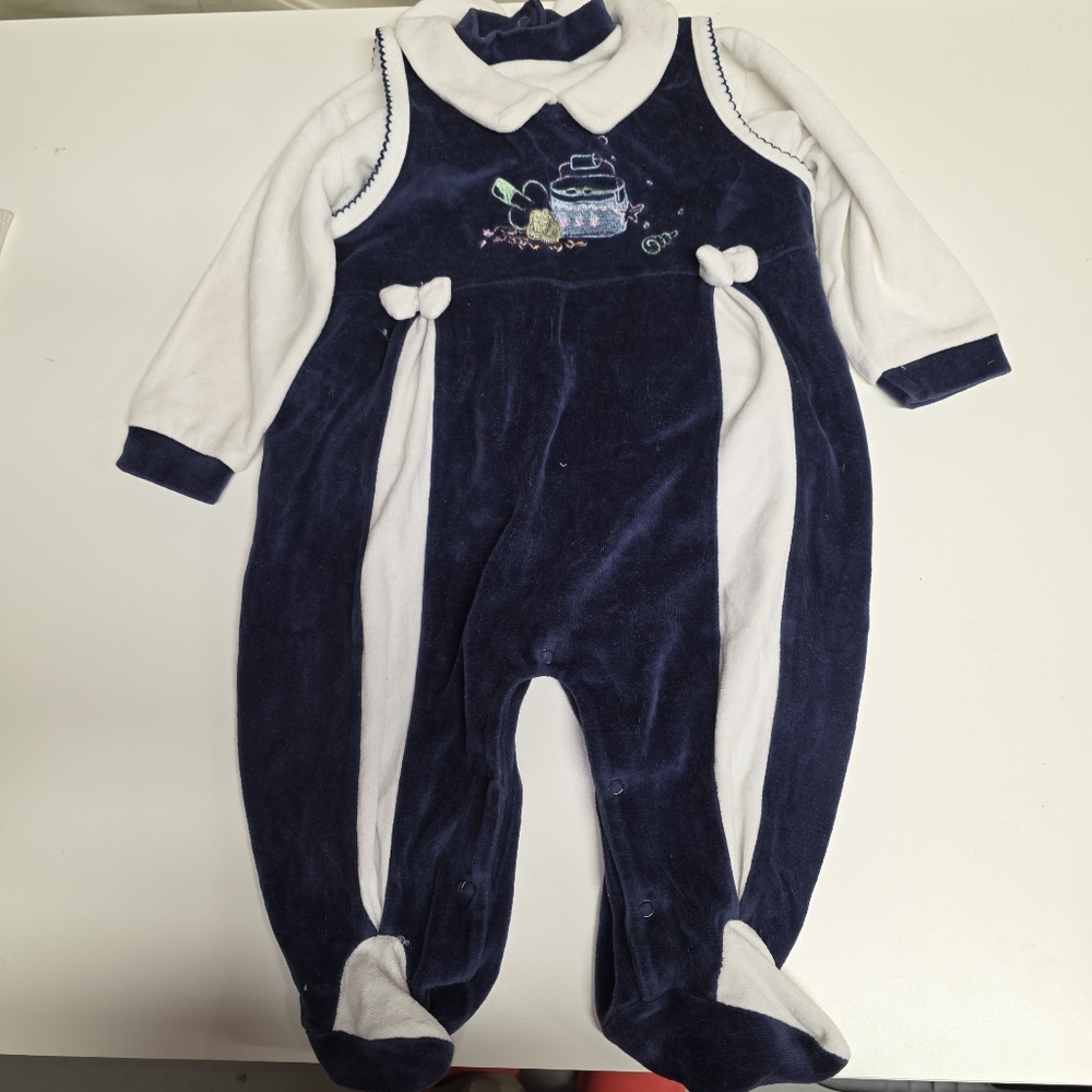 Vintage Velvet Adorable Navy and White Matching Set Romper & Long Sleeve 12m